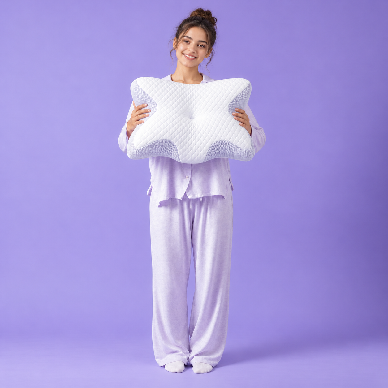 Leende kvinna med Swedish Sleep ergonomisk kudde mot lila bakgrund